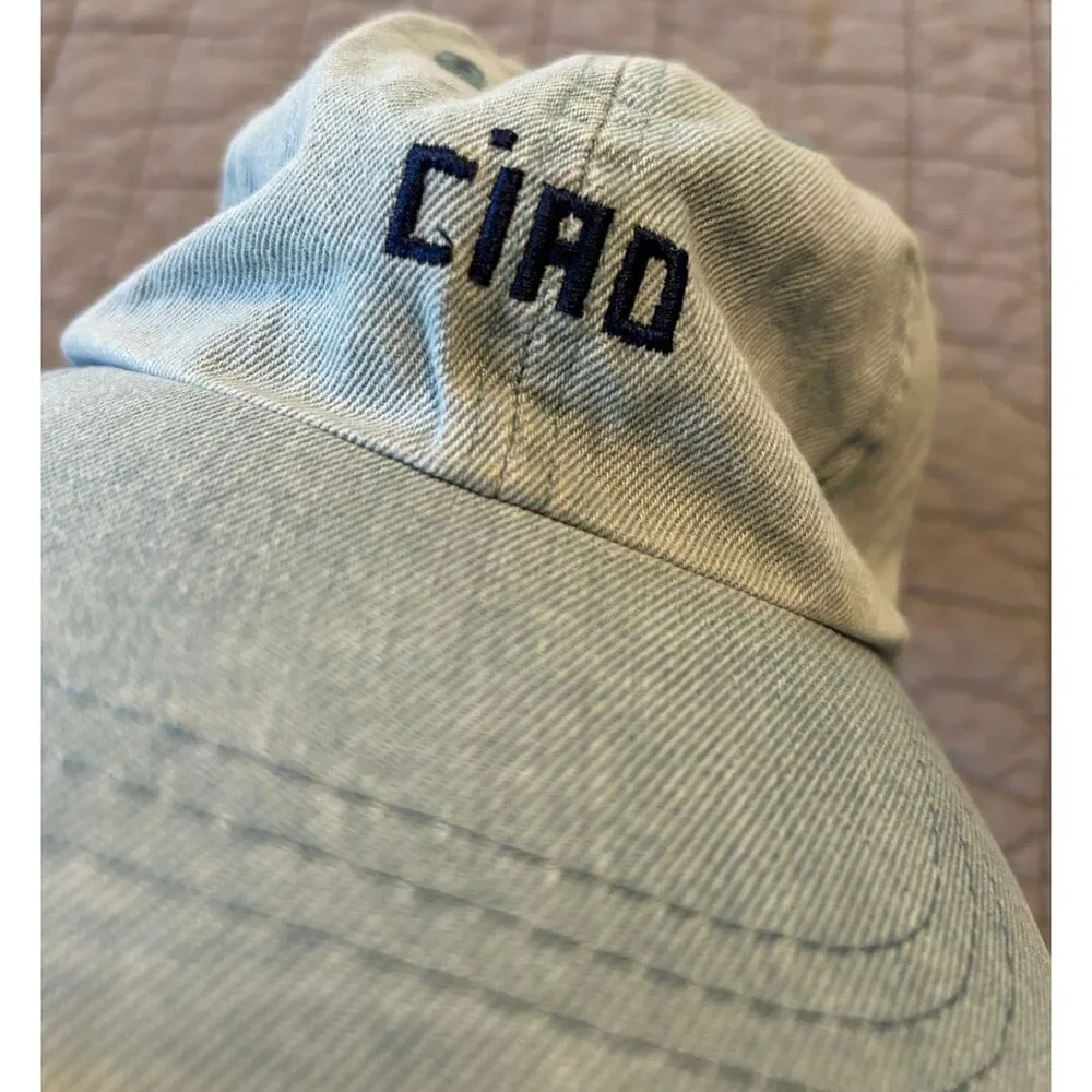 Clare V. Ciao Baseball Hat Solid Light Denim Dark Blue Embroidery Adjustable